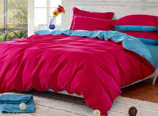 Solid Red And Light Blue Color Blocking Cotton 4-piece Bedding Sets/duvet Cover