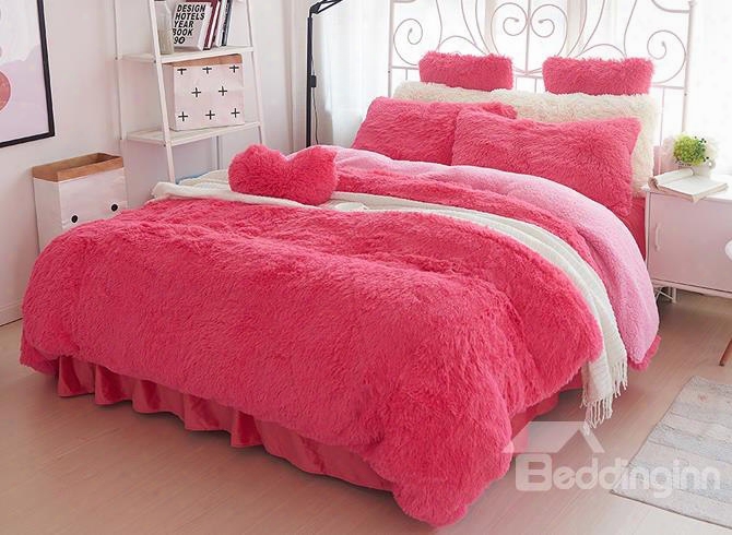 Solid Red And Pink Color Blocking Fluffy 4-piece Bedding Sets/duvet Cover