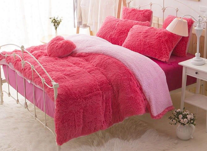 Solid Red And Pink Color Blocking Super Fluffy 4-piece Bedding Sets/duvet Cover