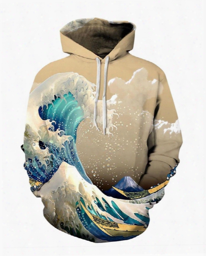 Spandex 3d Pattern Soft Personalized Mountain Couple Sea Waves Yellow Hoodie