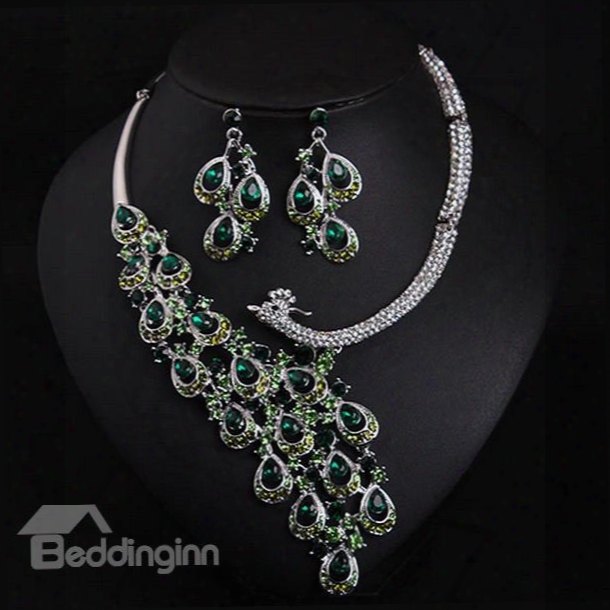Sparking Peacock Design Statement Necklace And Earrings Group