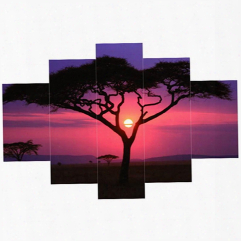 Tree In Red Sunset Hanging 5-piece Canvas Eco-friendly And Waterproof Non-framed Prints