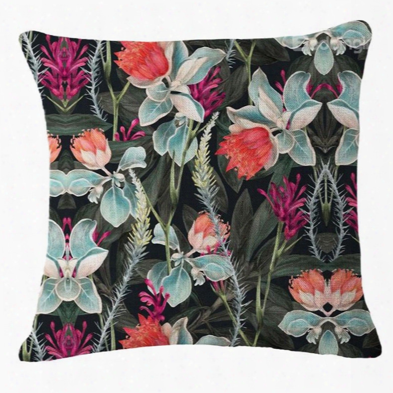 Tropical Flowers And Foliage Design Hand-painted Linen Throw Pillow
