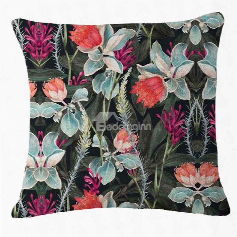 Tropical Flowers And Foliage Design Hand-painted Linen Throw Pillowcases