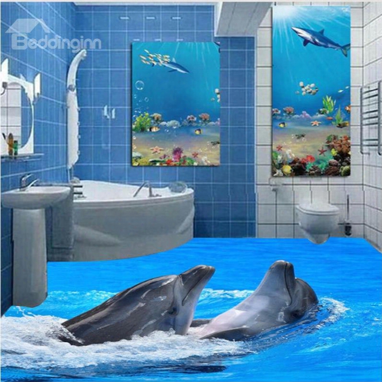 Two Lovely Dolphin Playing In The Sea Pattern Waterproof And Antiskid 3d Floor Murals