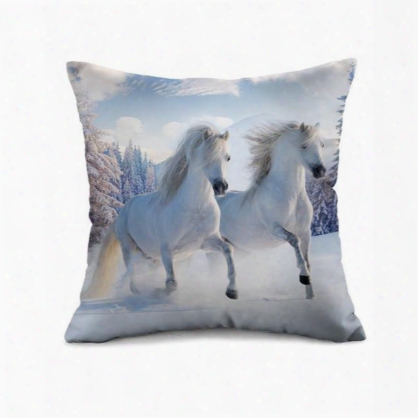 Vivid White Horses Print Throw Pillow Case