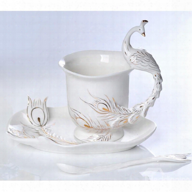 White And Green Peacock High Quality Ceramics Milk And Coffee Cup Sets