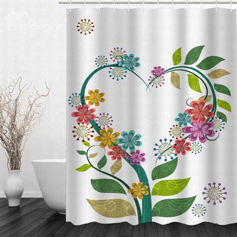 White Background With Heart-shaped Flowers Polyester Waterproof And Eco-friendly 3d Showre Curtain