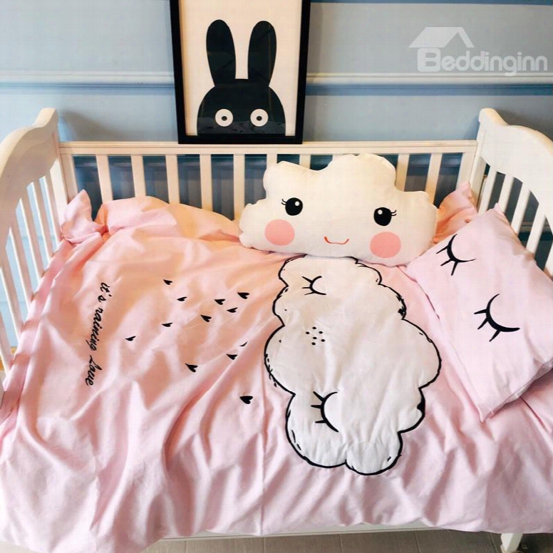 White Cloud Printed Cotton Pink 3-piece Crib Bedding Sets