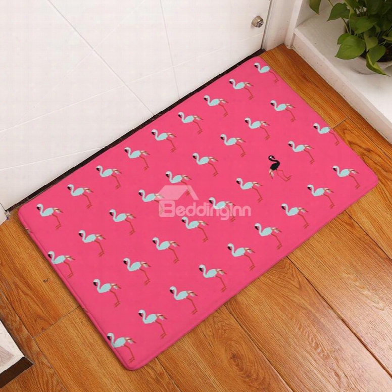 White Flamingos Printed Flannel Rose Red Bath Rug/mat