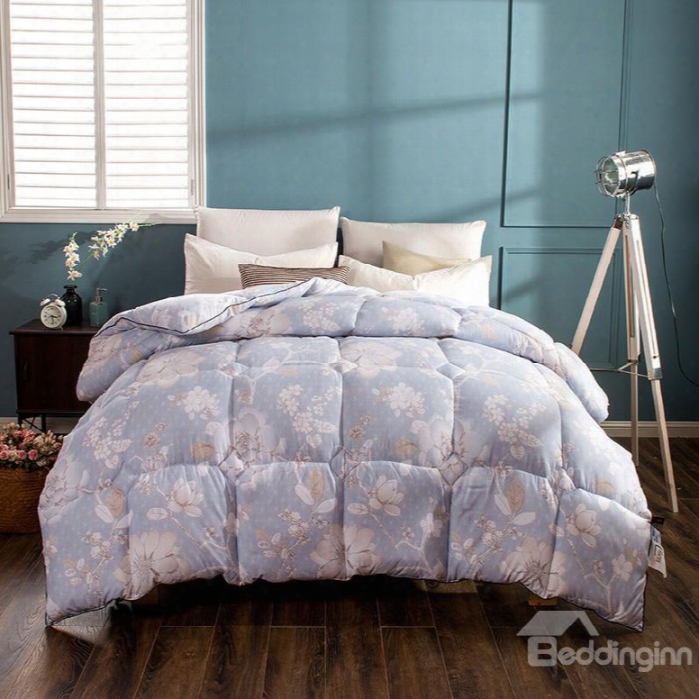 White Flower Blooming Pattern Pastoral Style Blue Feather Fabric Winter Quilt