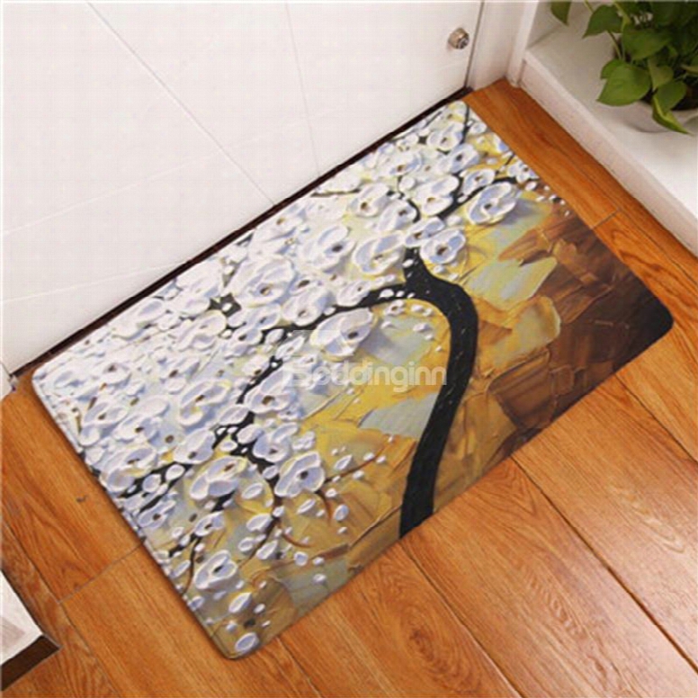 White Tree Printed Oil Paintihg Flannel Bath Rug/mat