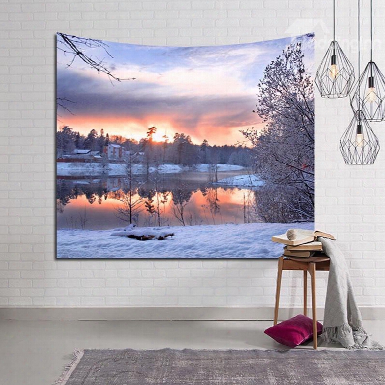Winter Snowy Village And Lake Decorative Hanging Wall Tapestry