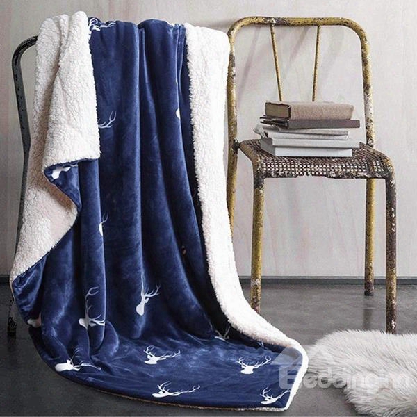 Wonderful Reindeer Print Navy Blue Flannel Blanket