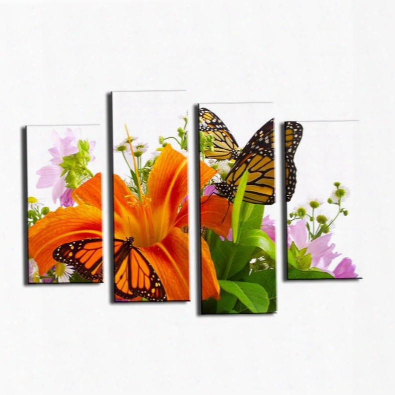 Yellow Lily And Butterflies Hanging 4-piece Canvas Waterproof And Eco-friendly Non-framed Prints