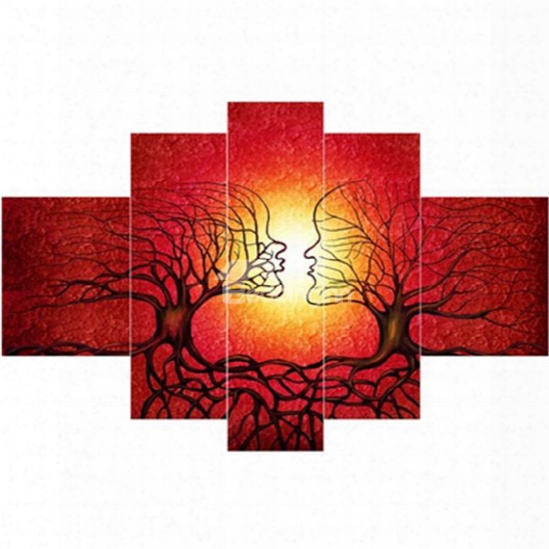 Yellow Sun In Red Background And Girls Branches Hanging 5-piece Canvas Waterproof Non-framed Prints