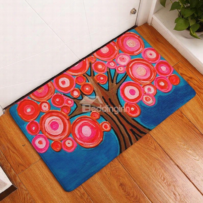 16␔24in Red Flowers Flannel Water Absorption Soft And Nonslip Bath Blue Rug/mat