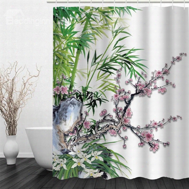 3d Bamboos And Flowers Pattern Polyester Waterproof And Eco-friendly Shower Curtain