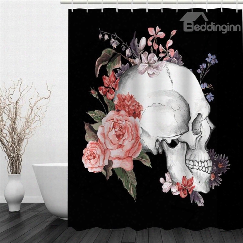 3d Black Background With Skeleton And Flowers Printed Polyester Waterproof Eco-friendly Shower Curtain