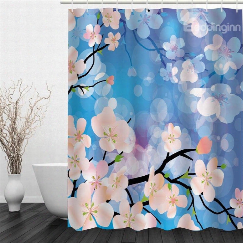 3d Blue Background With Peach Flowers Printed Polyester Waterproof And Eco-friendly Shower Curtain