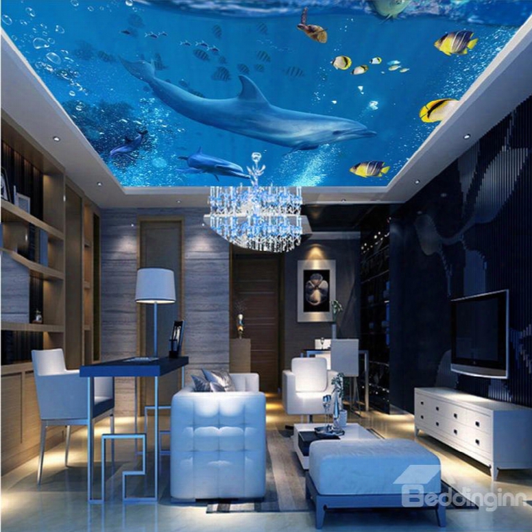 3d Blue Sea Containing Dolphins And Fishes Waterproof Durable And Eco-friendly Ceiling Murals
