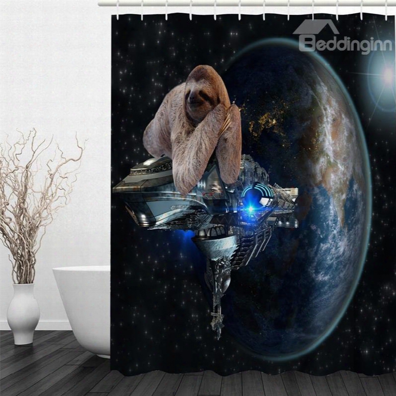 3d Bradypod On Spacecraft Polyester Waterproof Antibacterial And Eco-friendly Shower Curtain