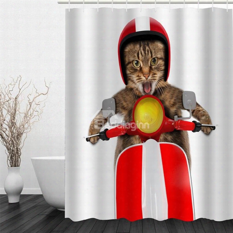 3d Cat Riding Electric Bike Pattern Polyester Waterproof Antibacterial And Eco-friendly Shower Curtain