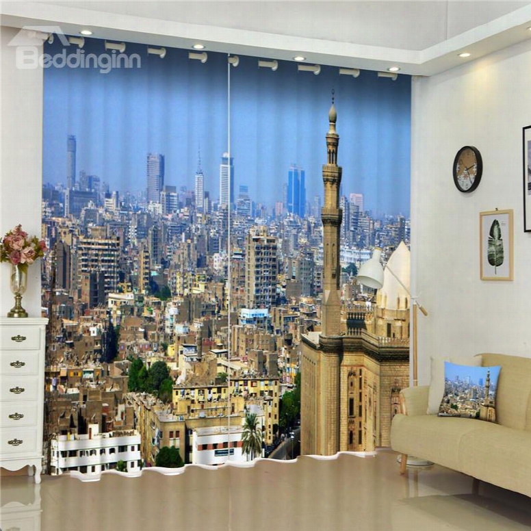 3d City Buildings Printed Thick Polyester Dust-proof And Blackout Bedroom Custom Curtain