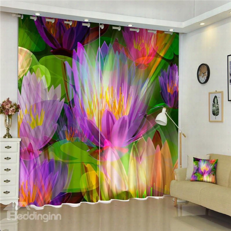 3d Colorful Lotus Dreamy Redness Printed Living Room And Bedroom 2 Panels Curtain