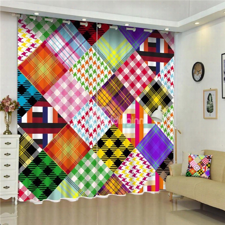 3d Colorful Square Patterns Printed Wonderful Scenery 2 Panels Bedroom Custom Cutrain