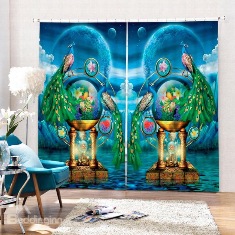 3d Couple Peacocks With Flowers Printed Retro Style Blackout And Decorative Curtain