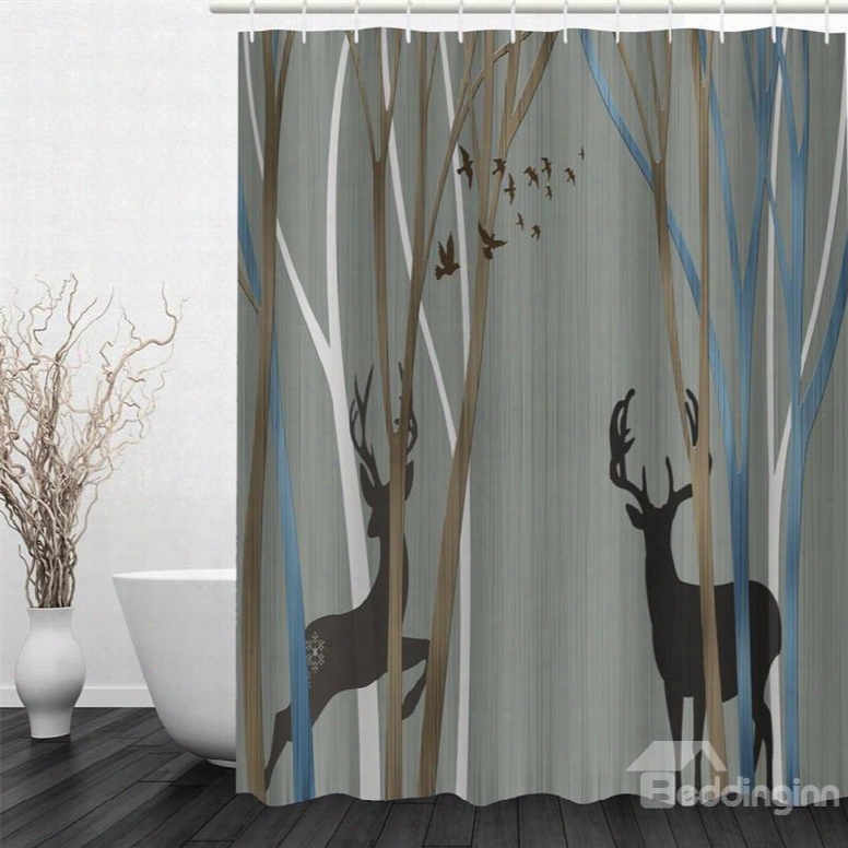 3d Deer And Birds In Forest Printed Polyester Waterproof And Eco-friendly Shower Curtain