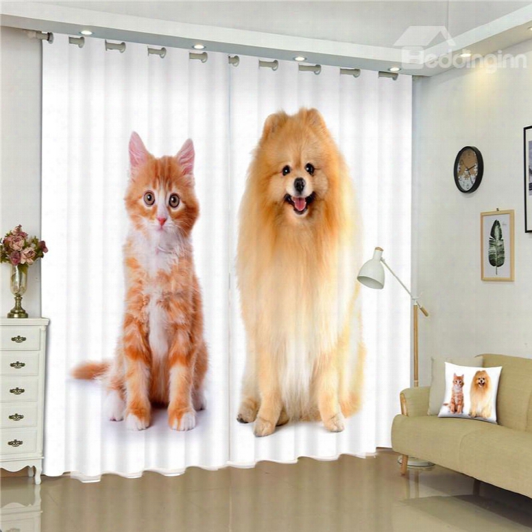 3d Dog And Cat Printed Concise Style 2 Panels Living Room Decorative Window Custom Curtain