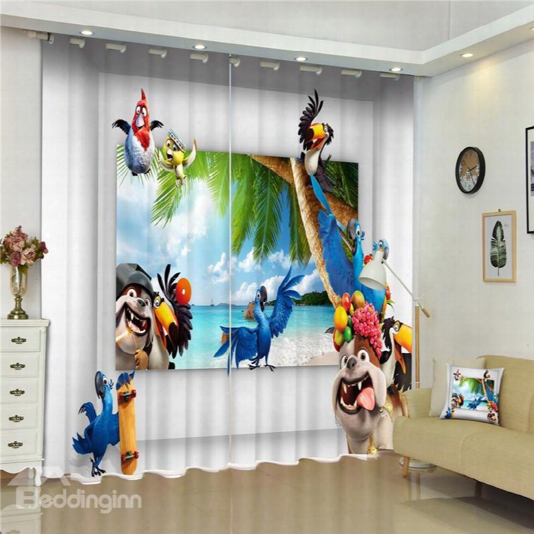 3d Dogs Parrots And Birds In The Seaside Printed Blackout Polyester Custom Curtain