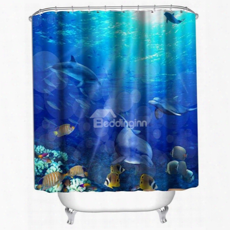3d Dolphins And Fishes In Blue Sea Polyester Waterproof Antibacterial Eco-friendly Shower Curtain
