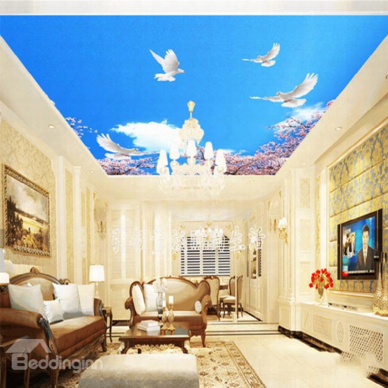 3d Doves In Blue Sky Waterproof Durable And Eco-friendly Ceiling Murals