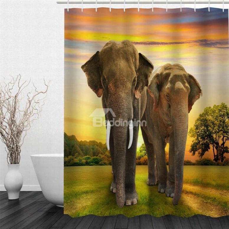 3d Elephants In Sunrise Pattern Polyester Waterproof And Eco-friendly Shower Curtain