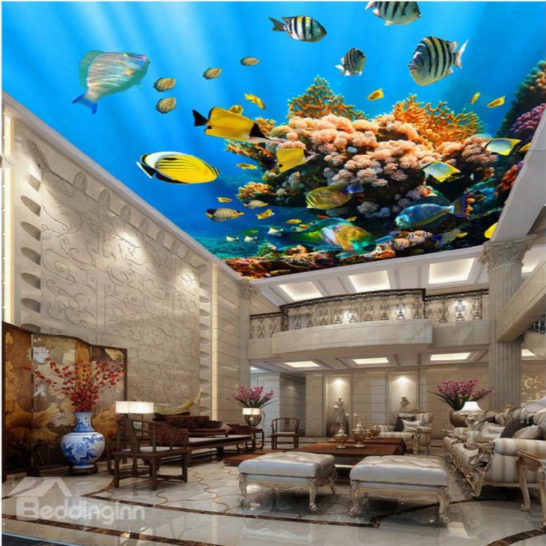 3d Fishes Swimming In Deep Sea Waterproof Durable And Eco-friendly Ceiling Murals