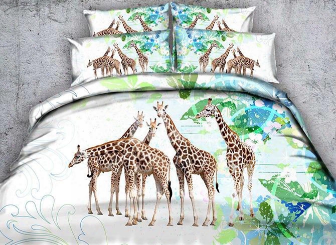 3d Giraffe And Green Leaves Printed Cotton 4-piece Bedding Sets/duvet Covers