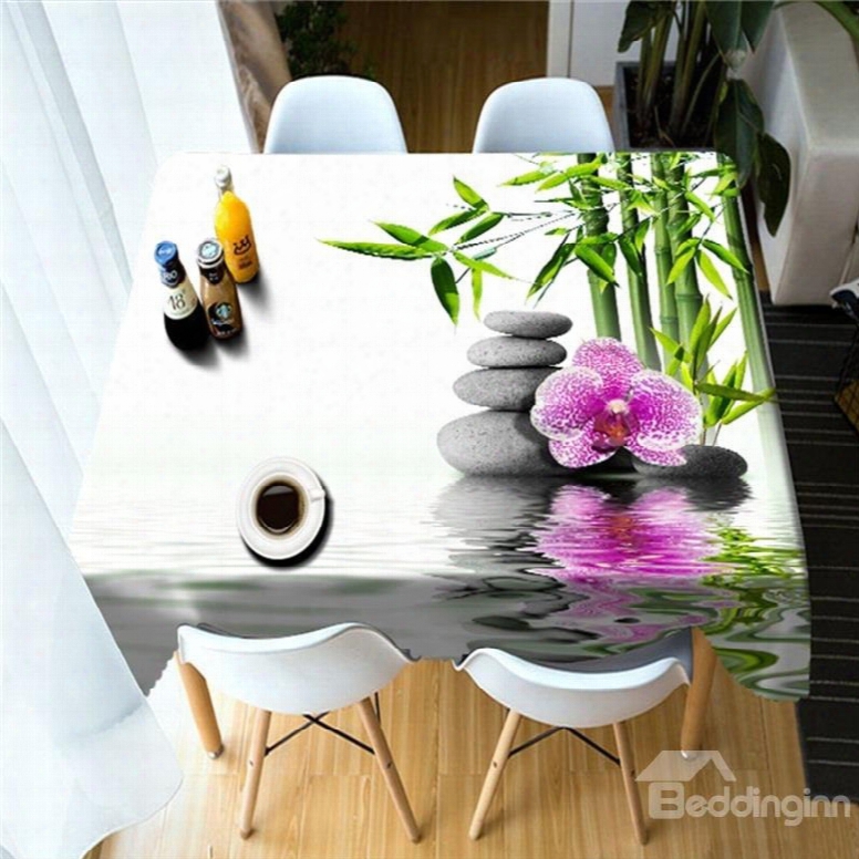 3d Green Bamboos And Stone Flowers Printed Fresh And Pastoral Style Table Cover