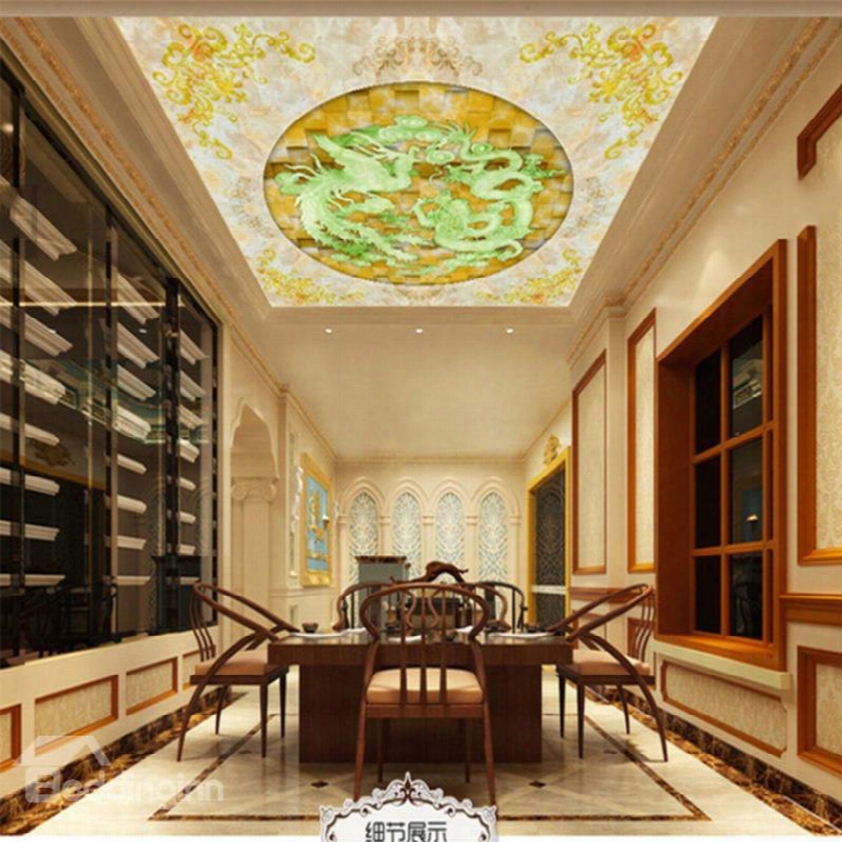 3d Green Dragons And Floral Pattern Waterproof Durable And Eco-friendly Ceiling Murals