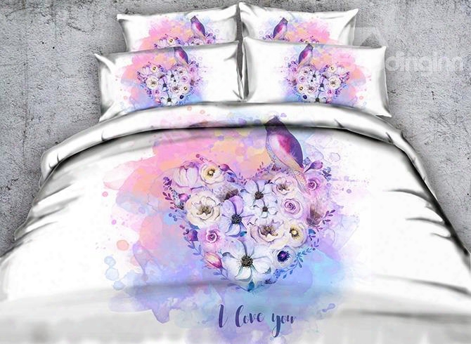 3d Heart-shaped Flowers And Bird Printed Cotton 5-piece White Comforter Sets