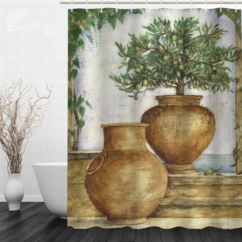 3d Houseplants Pattern Polyester Waterproof Antibacterial And Eco-friendly Shower Curtain