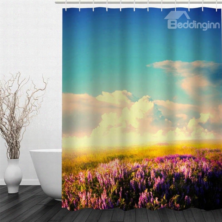 3d Lavender Field In Blue Sky Polyester Waterproof Antibacterial And Eco-friendly Shower Curtain
