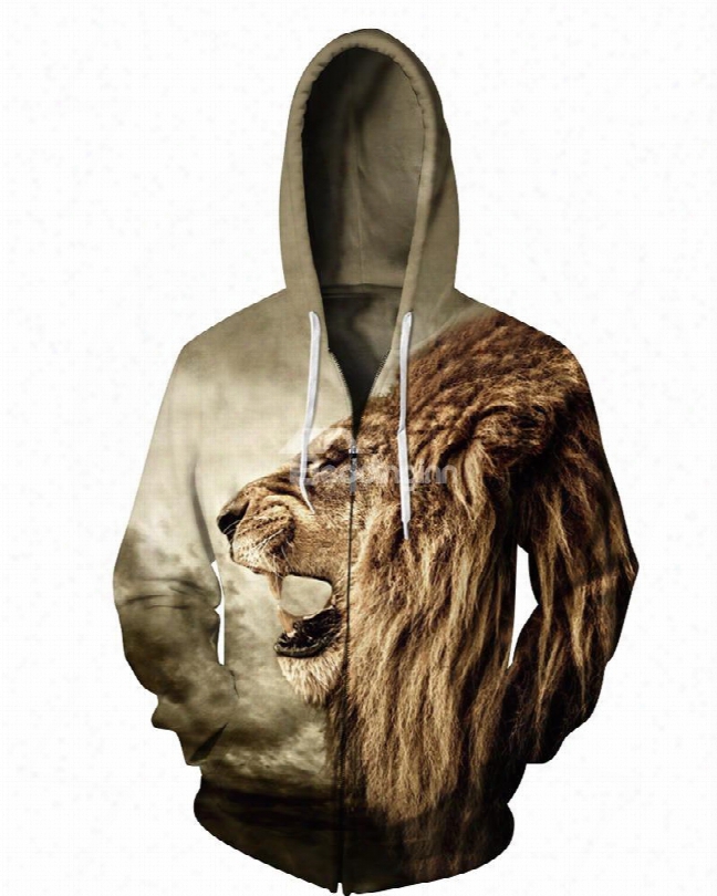 3d Lion Roar Face Print Big Pockets Zipper Hoodies