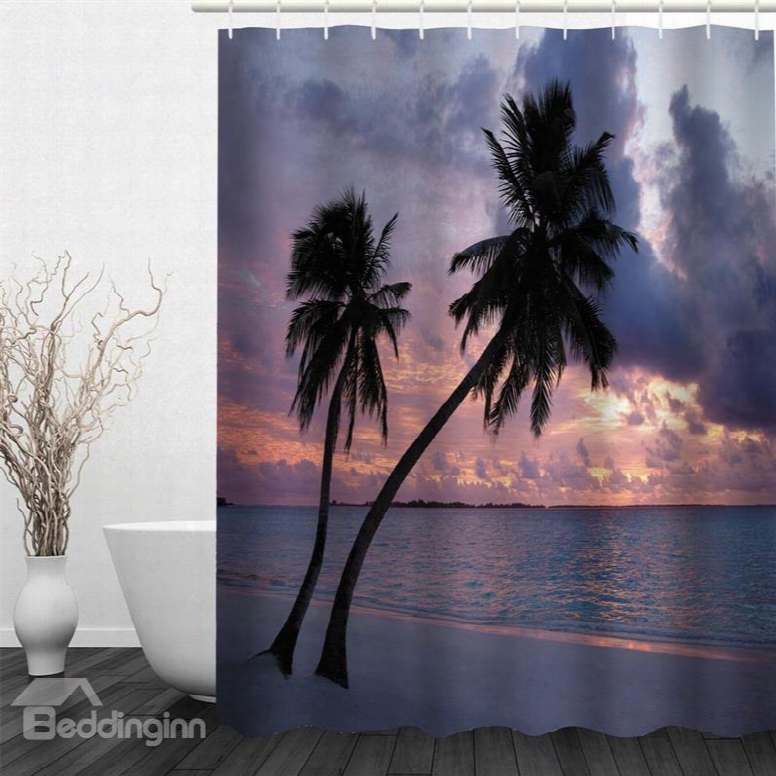 3d Palm On Beach In Sunset Polyester Waterproof And Eco-friendly Shower Curtain