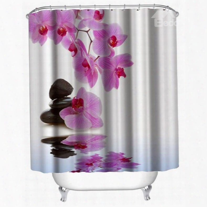 3d Purple Flowers And Stones Polyester Waterproof Antibacterial And Eco-friendly Shower Curtain