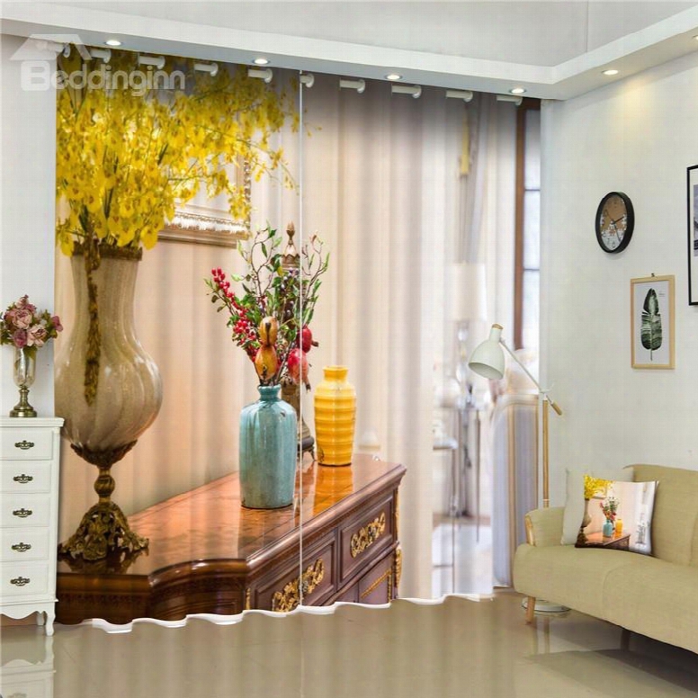 3d Retro Yellow Flowers And Vase Printed European Noble Decorative Custom Curtain