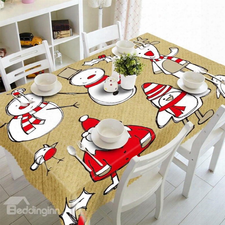 3d Santa Claus And Snowmen Printed Thick Polyester Creative And Modern Table Cloth