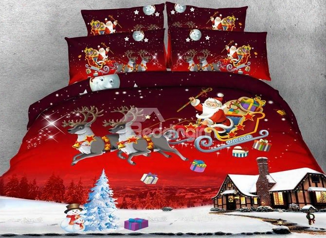 3d Santa Claus Reindeer Flying Across Sky Printed Cotton 4-piece Red Bedding Sets